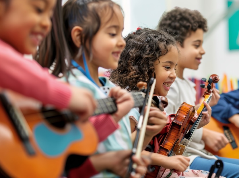 Group of diverse elementary school students are smiling while playing music during their lesson with string instruments.