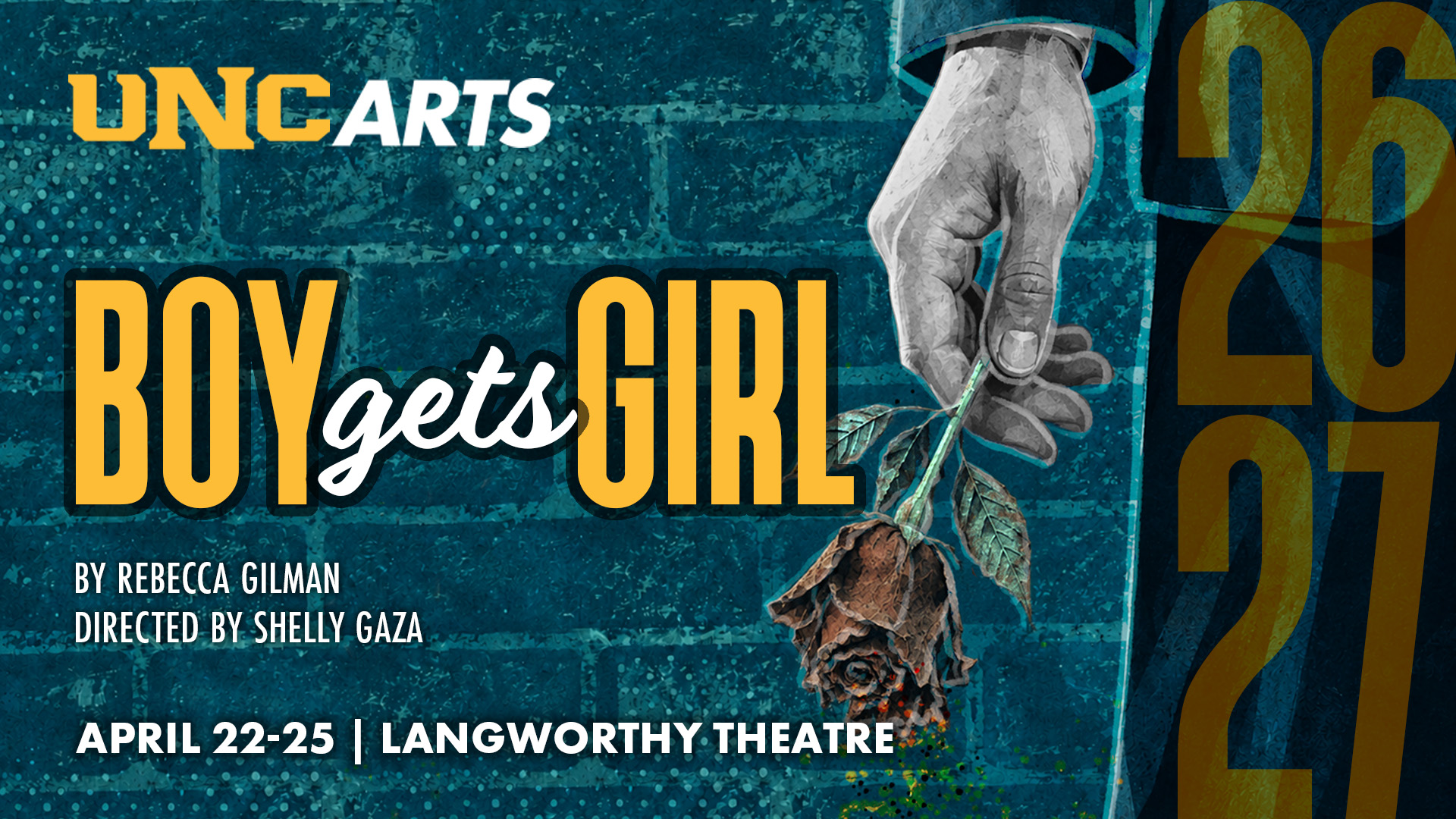 Boy Gets girls graphic for the School of Theatre ad Dance.