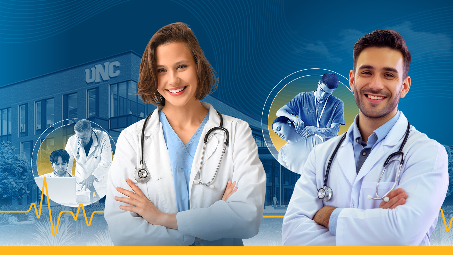 Female and male medical students standing with arms crossed