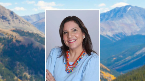Headshot photo of Patricia Valverde with Rocky Mountain background