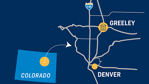 Map showing the locations of Greeley and Denver.