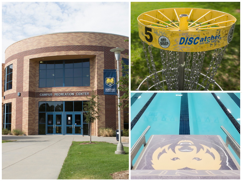 A three image collage displaying the front of the Rec Center, a disc golf goal, and a starting block at the pool.