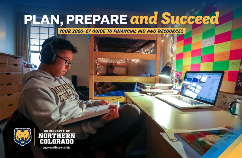 A student sits in their residence hall in front of their laptop. Text reads, 