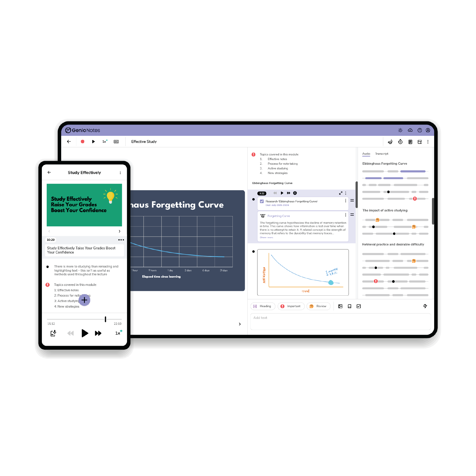 Genio Notes Dual visual representation of the web and mobile Recording Pages.