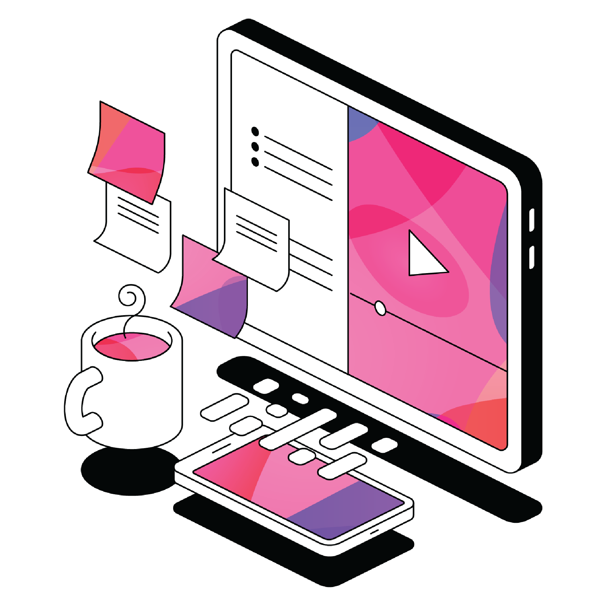 Genio Notes Promotional Image with illustrated coffee, computer screen, phone screen, and sticky notes.