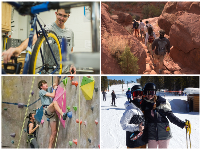 A four image collage displaying a student maintaining a bike, students hiking in a canyon, students on the climbing wall, and students on skis.