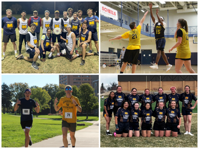 A four image collage displaying the Ultimate Frisbee club, students playing Intramural basketball, students running in a 5K, and the Women's Rugby club.