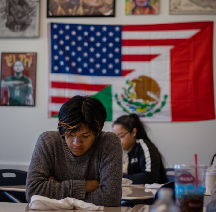 Student in a Chicana/o and Latinx class, Mexican flag in the background