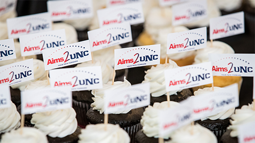 Cupcakes on a table with flags that have the Aims2UNC logo.