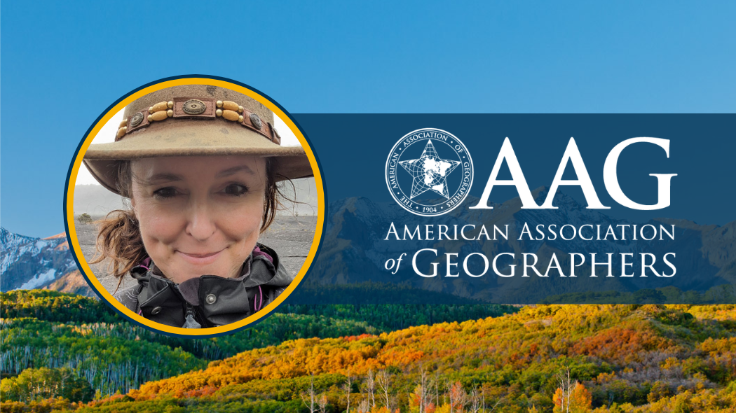 A picture of UNC professor Karen Barton next to the logo for the American Association of Geographers