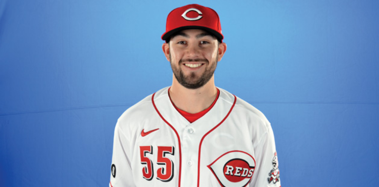 A headshot of UNC alum Brandon Bailey wearing his Cincinnati Reds uniform.