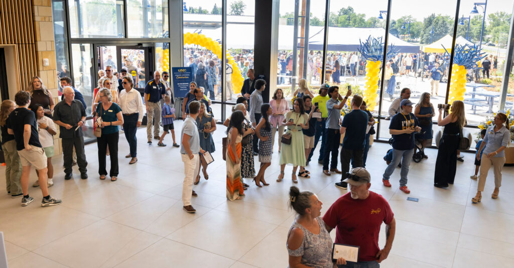 The lobby filled with people inside the College of Osteopathic Medicine