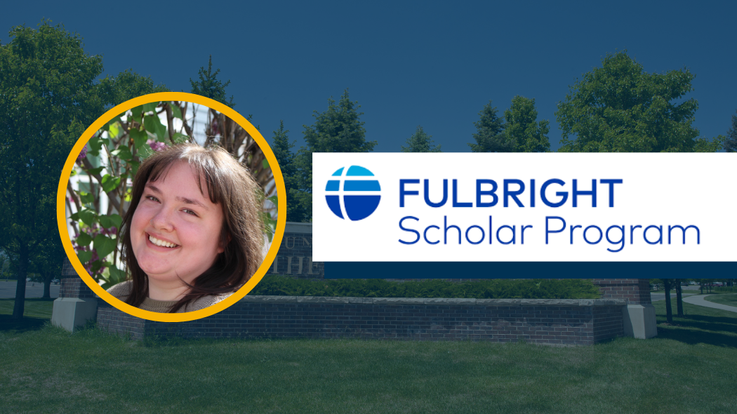 A photo of UNC student Camryn Luksa next to the Fulbright program logo.