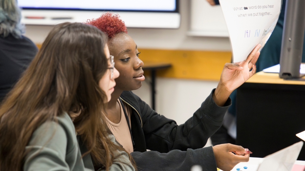 Two female students working together