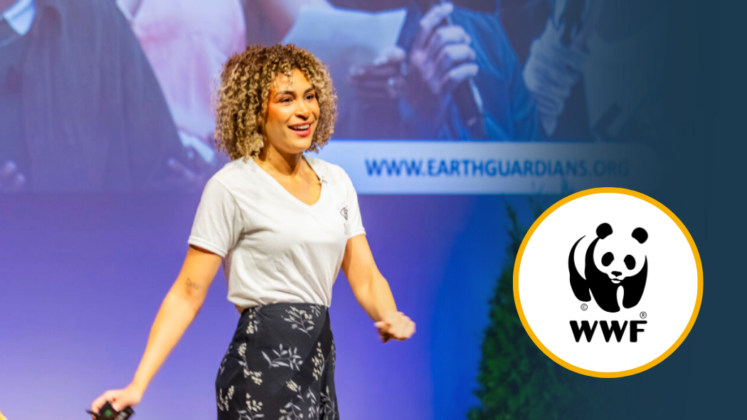 A photo of UNC alumna Emmy Scott and the World Wildlife Fund logo.