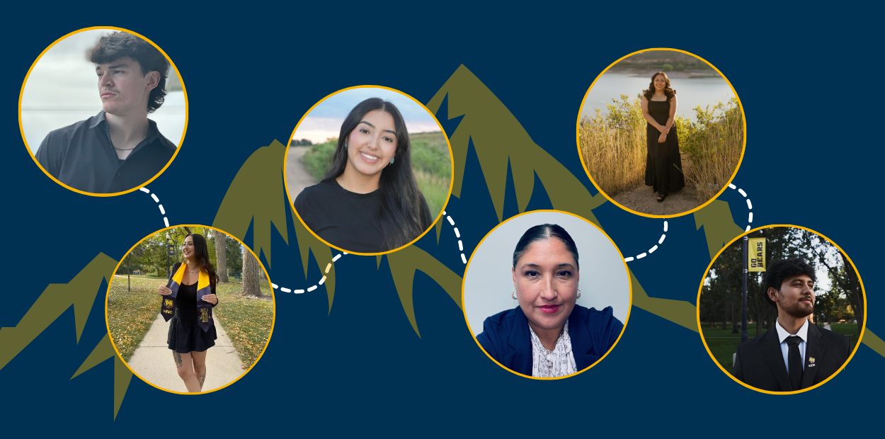 A graphic with six student faces in circles on it with mountains in the background