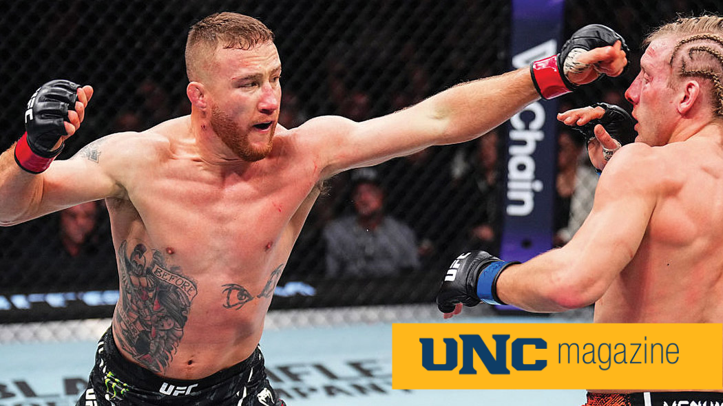 Former UNC wrestler Justin Gaethje fighting another man in a UFC match.