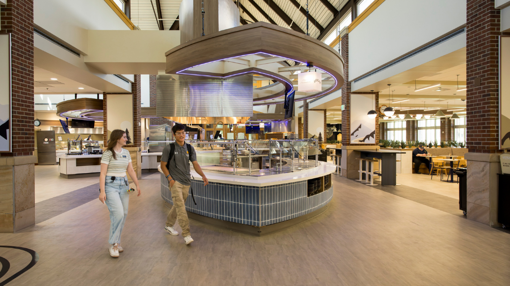 Students walking through the remodeled Holmes Dining Hall