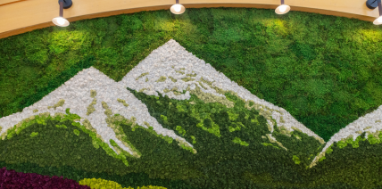 The moss wall at the back of Holmes Dining Hall depicting a mountain.