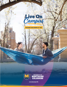 Cover of the Live on Campus Housing and Dining guide at UNC. Photo shows two students in a hammock on campus.
