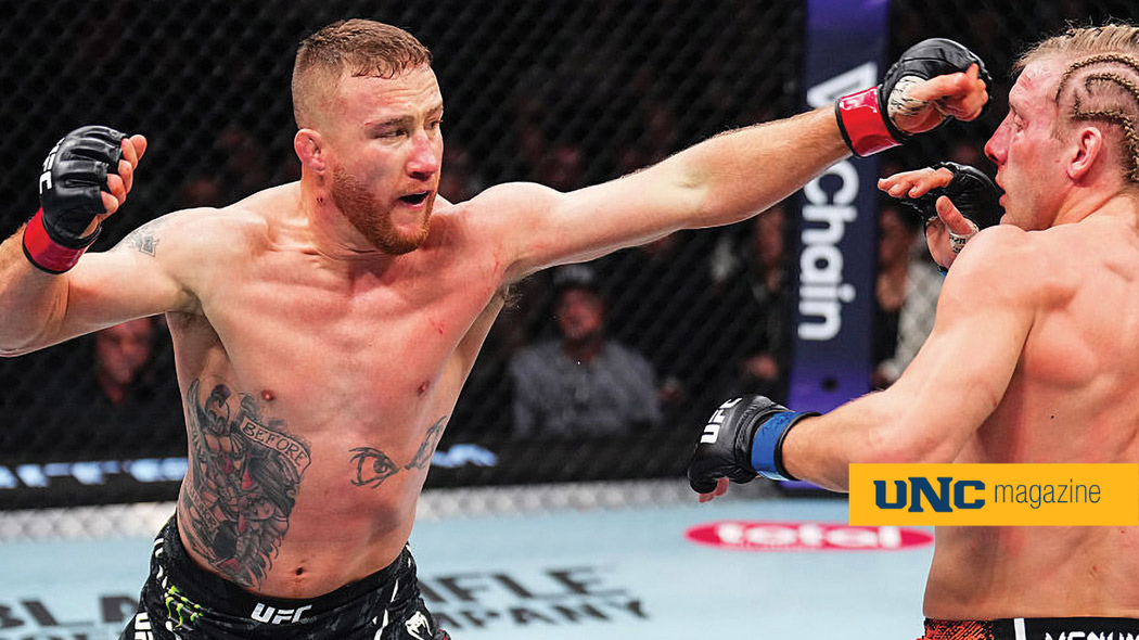Two UFC fighters clashing in the ring.