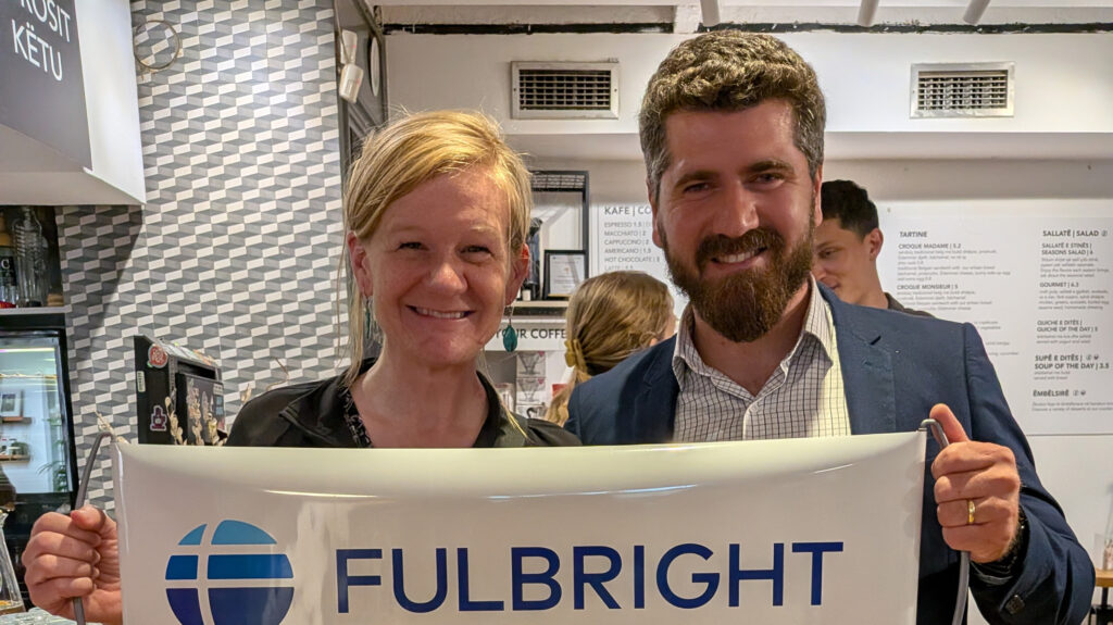 Britney Kyle and Ilir Culaj at a Fulbright gathering hosted by the US Embassy