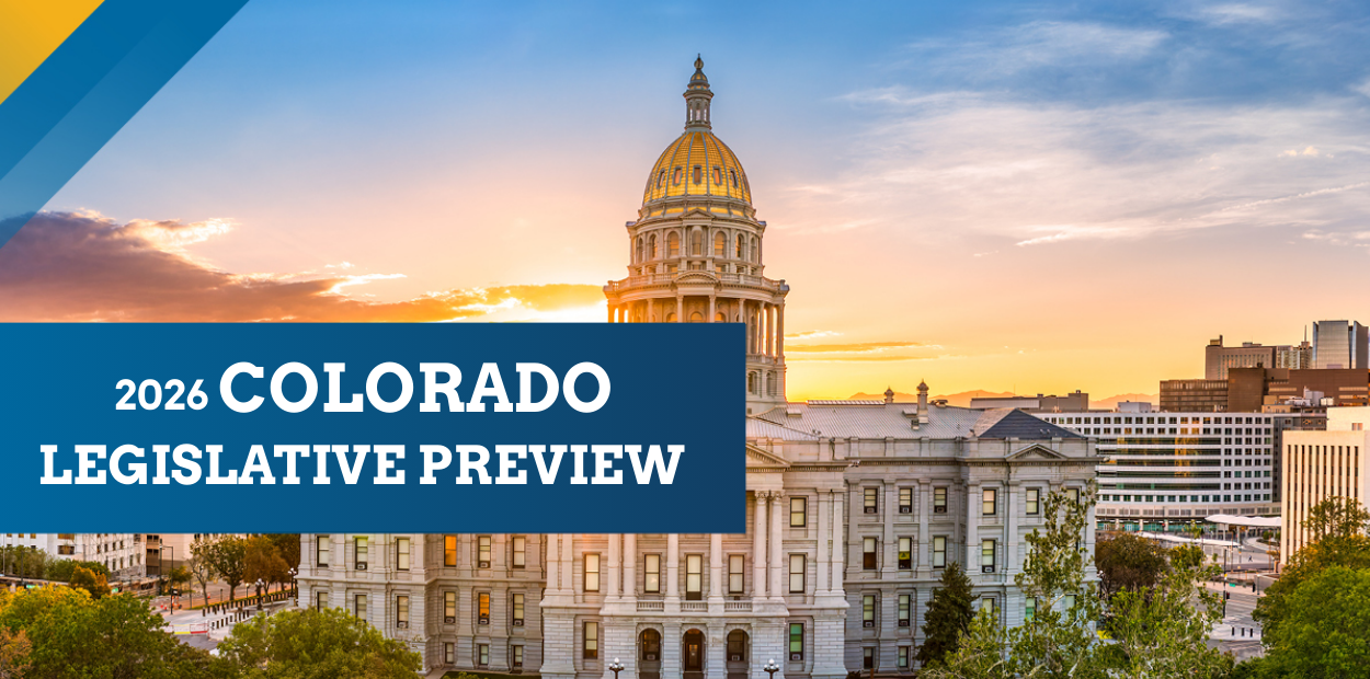 Background of Colorado's capitol building at sunset.