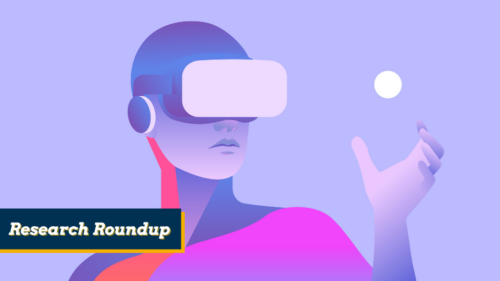 A stylized graphic depicting a person in a virtual reality headset holding their hand up to grasp at a floating orb.