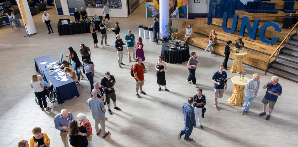 A birds eye view of people at an event