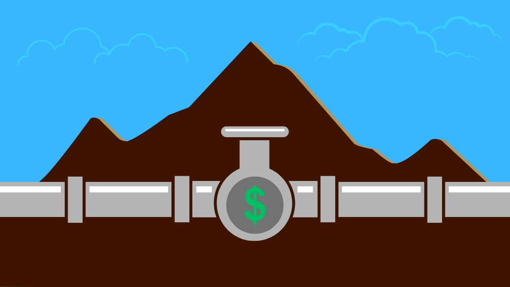 A graphic of a pipe under a mountain with a dollar sign on the pipe
