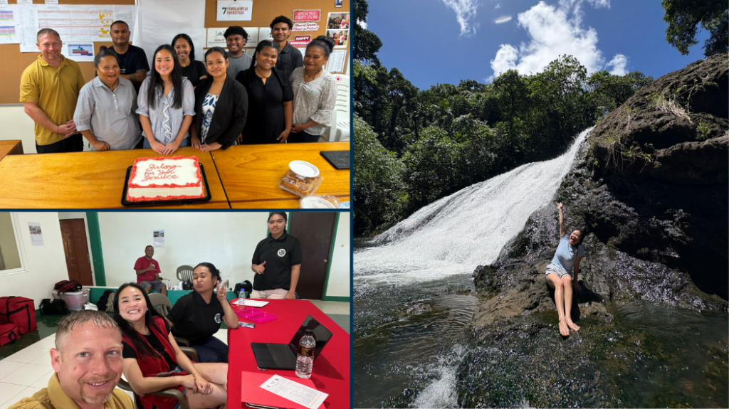 A collage of three photos of student Peyton Eitemiller during her time volunteering with the Red Cross in Palau.