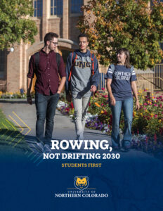 Cover art for strategic plan document. Three UNC students walking ob campus.