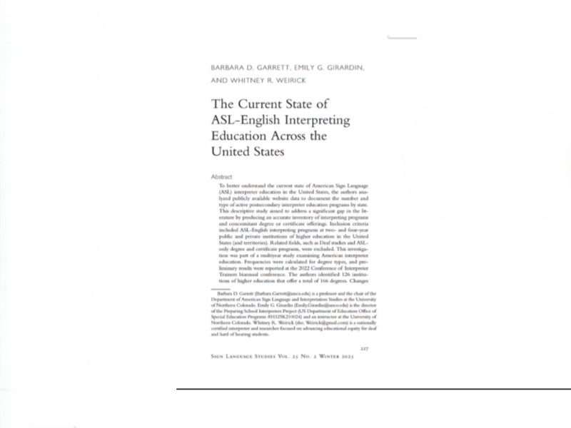First page of the journal article “The Current State of ASL–English Interpreting Education Across the United States” by Barbara D. Garrett, Emily G. Girardin, and Whitney R. Weirick.