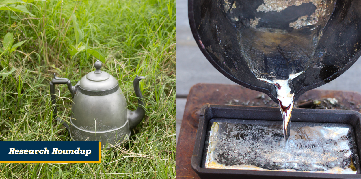 Pewter metal being poured into a container with the words Research Roundup in the left bottom corner