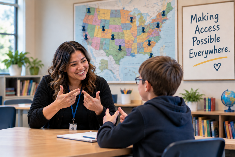 School interpreter and student communicating in a classroom, with a U.S. map marked with pushpins and a sign reading “Making Access Possible Everywhere” in the background.