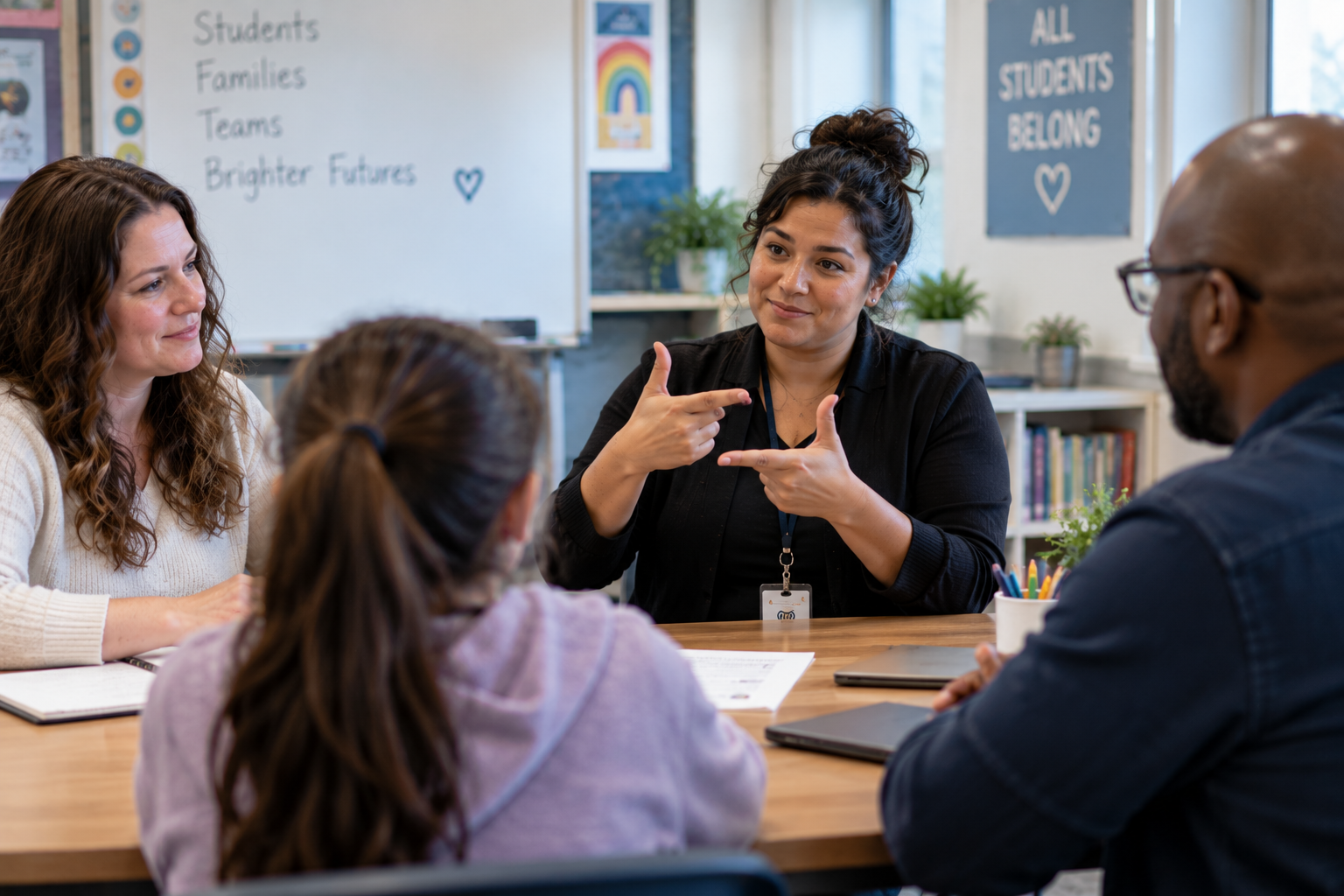 School interpreter signs during a collaborative meeting with a student and members of an educational team.