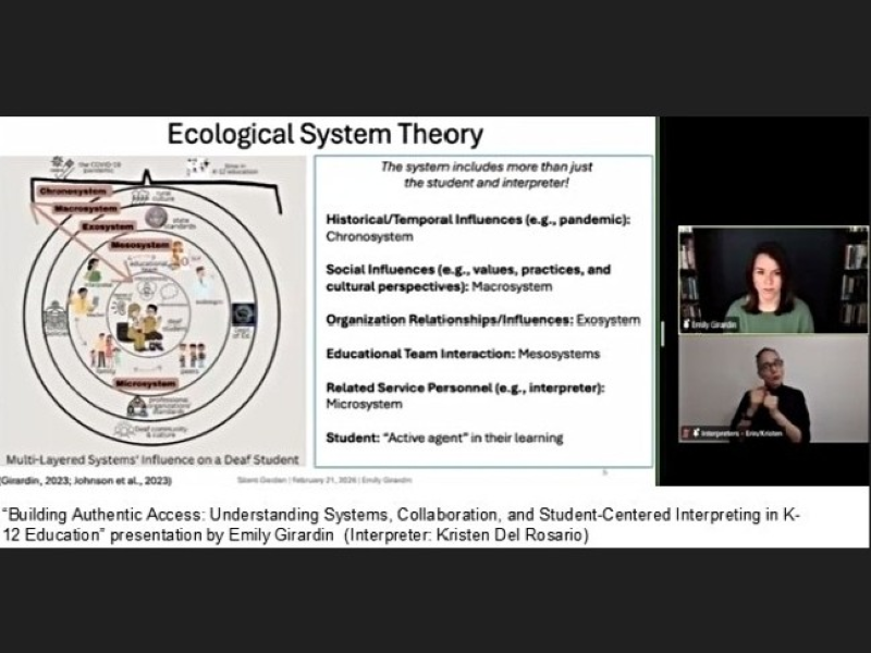 Screenshot of Dr. Emily Girardin presenting on Ecological Systems Theory during the 2026 Silent Garden Lecture Series, with an ASL interpreter shown alongside the presentation.