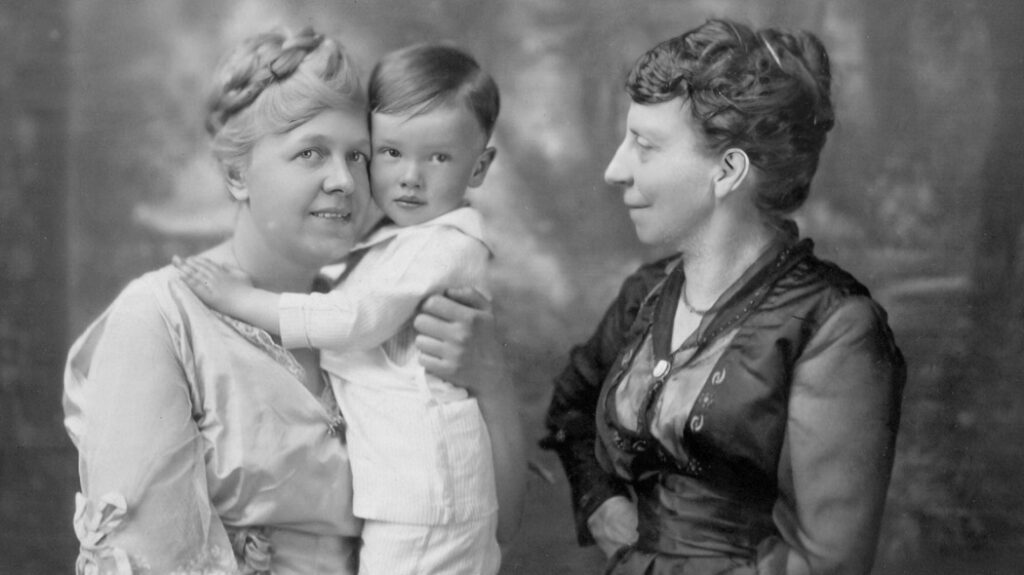 Black and white family portrait of Bill as a young boy with his mother 
Angie and grandmother Mary Jane Southard.