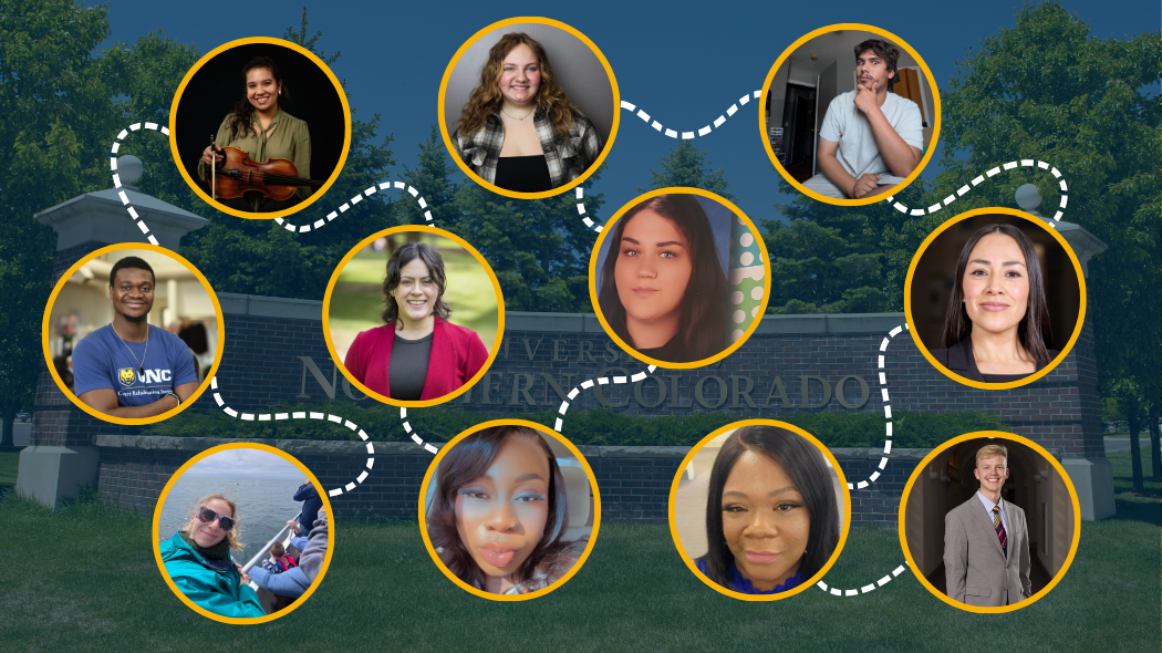 A collage of images of eleven graduating students, connected by map lines.