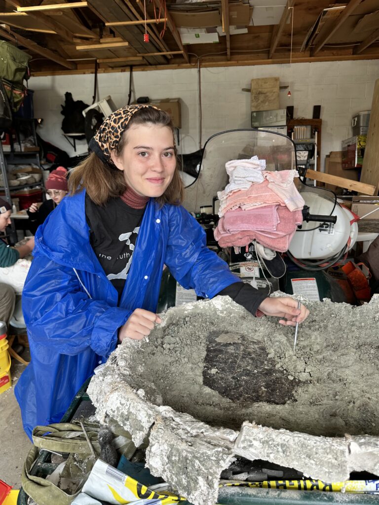 Student Ava Oldenburg working in the lab preparing a bone
