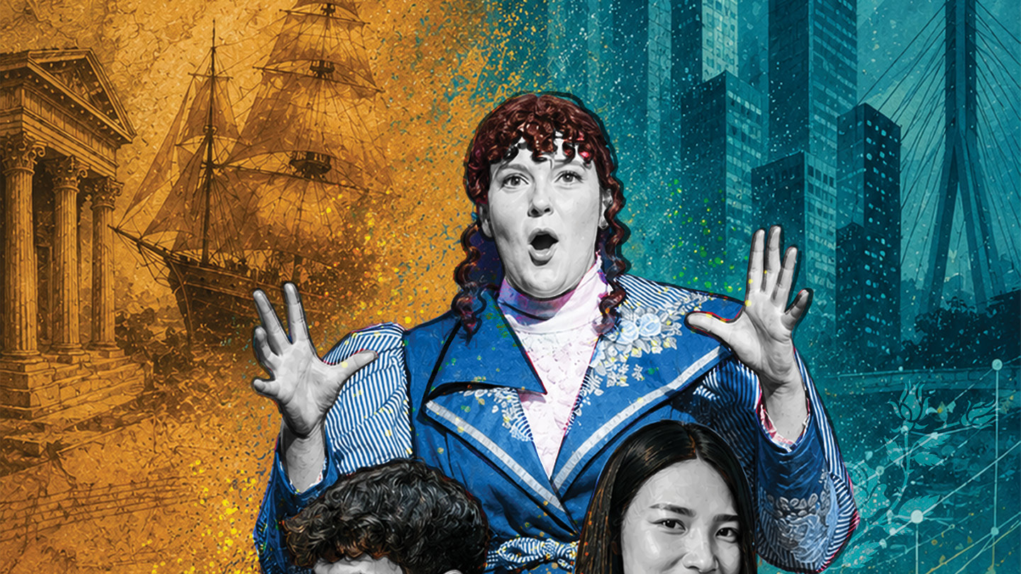 UNC Arts season graphic with an actor, a trumpet player and an artist with collage images.