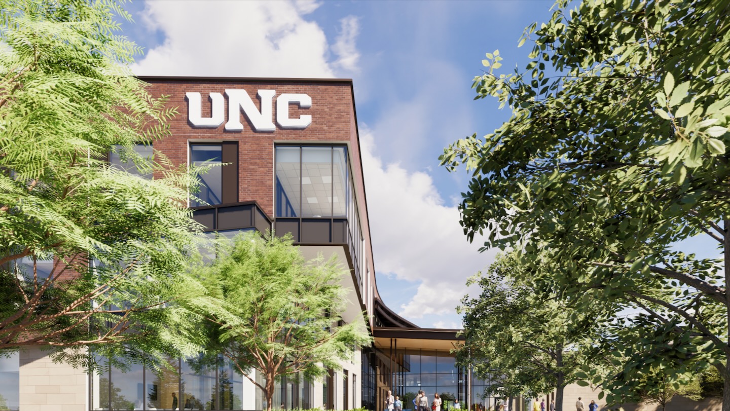 Rendering of COM building as students approach.