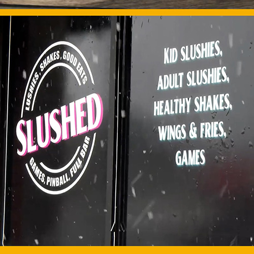 Slushed front end sign outside of the store.