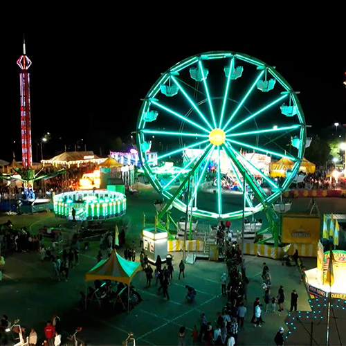 Aerial of the Greeley Stampede carnival at night.