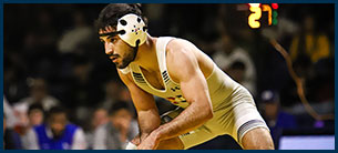 Wrestler in a defensive position