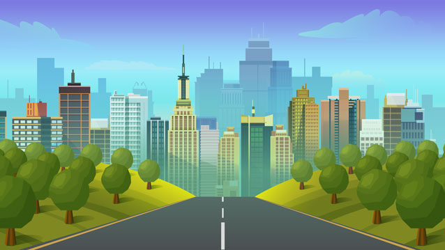 Graphic of a view of the city from a country road