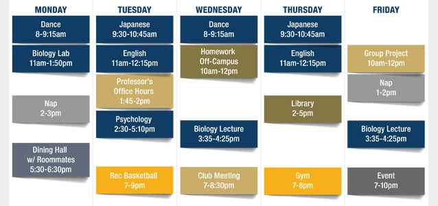 A sample Monday-to-Friday schedule for a college student