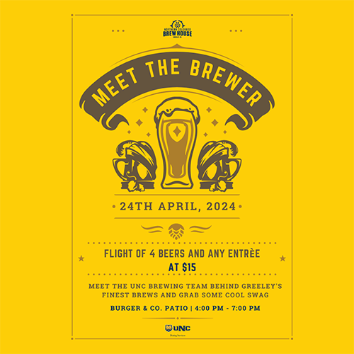 Yellow graphic with event information. It features a beer in a pint glass and the Northern Colorado Brewhouse logo.