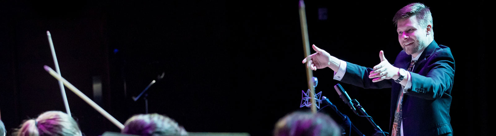 Conductor conducting with the bows of violins visible from below.