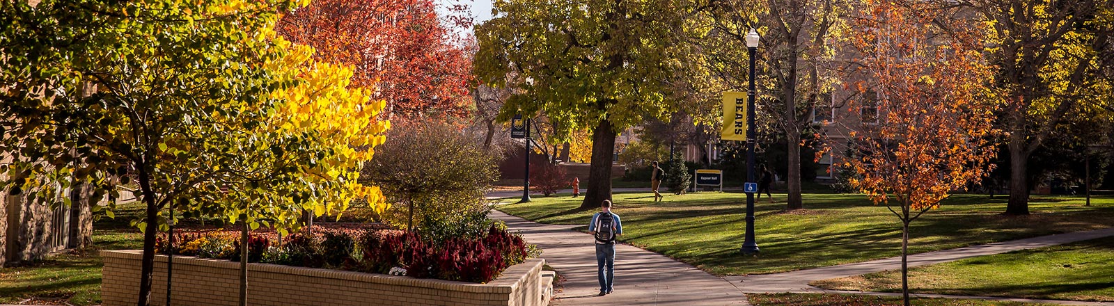 Student walking on campus in the fall